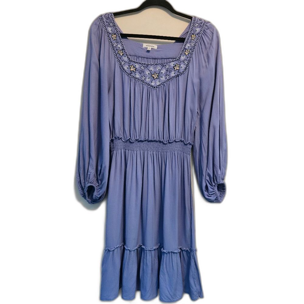 Max Studio Blue Knee Length Dress Sz S Smocked Waist Embroidered Beaded Peasant